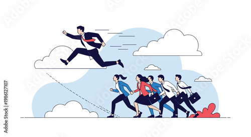 Brave leader leaps across a gap in the clouds while his team runs along the ground toward a common professional objective.
