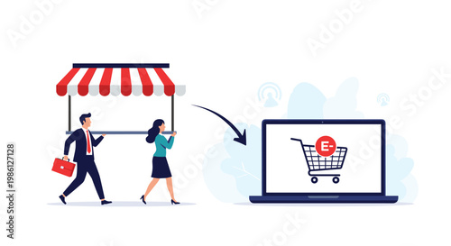 Business man and woman carry a brick-and-mortar storefront into a laptop screen representing digital transformation.