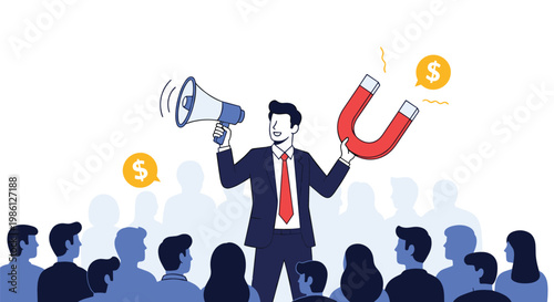 Marketing professional uses a megaphone and a large magnet to attract both people and money toward his business.