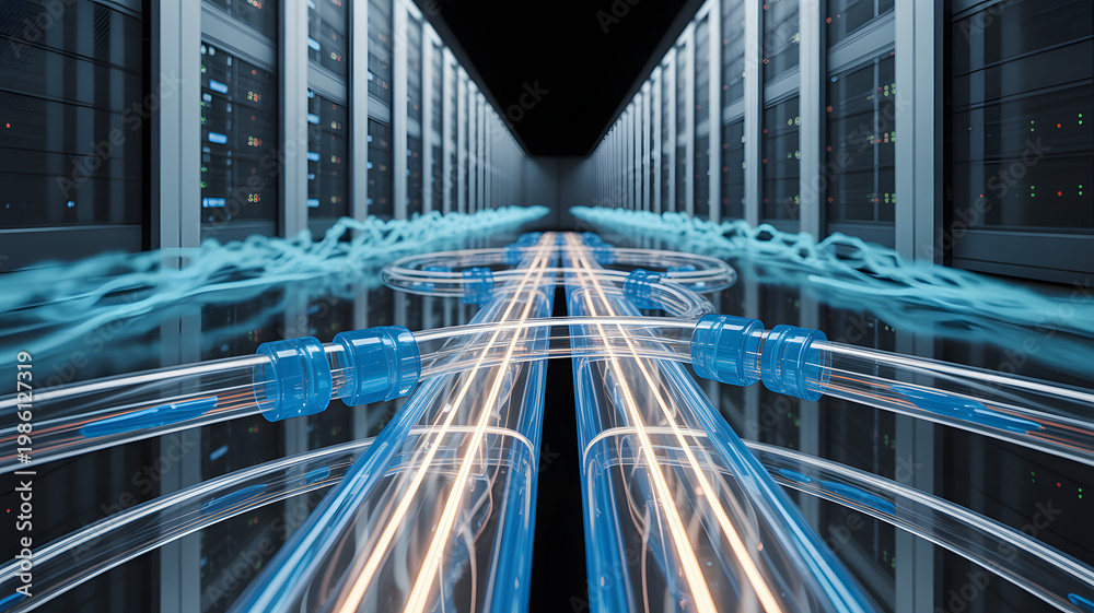 Naklejka premium Data streams flowing through illuminated server racks with glowing conduits