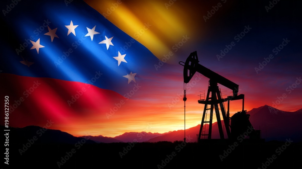 Fototapeta premium An oil pump stands tall in the foreground as the Venezuelan flag unfurls in the sky. The sunset paints the horizon with vibrant hues, casting a stunning backdrop of mountains and nature