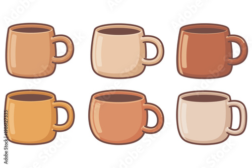 Six diverse coffee mugs in warm earthy tones, flat drink beverage hot drink