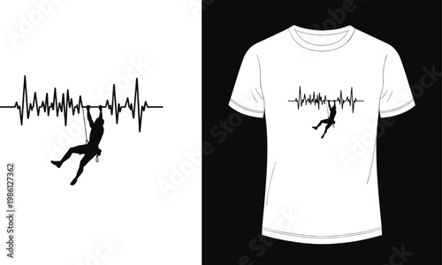 Climbing T-shirt Design with Heartbeat and Climber Illustration for Fitness, Adventure, and Outdoor Enthusiasts