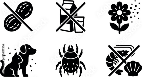 Black and white allergy icons for nuts dairy pollen pets ticks shellfish
