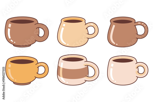 Six diverse coffee mugs with brown liquid, flat drink beverage