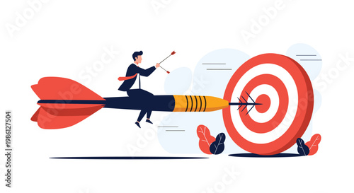 Focused businessman rides a giant dart through the air toward a red and white target to represent hitting business goals.