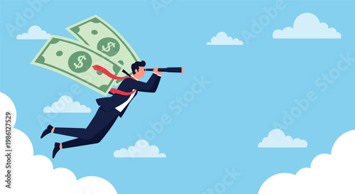 Businessman with large paper dollar wings flying in the sky and looking through a telescope to find new successful investment opportunities.
