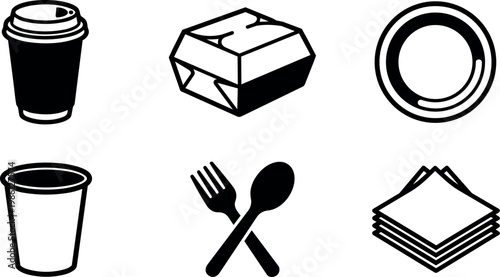 Black and white vector icons of food container cup cutlery and plate