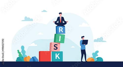 Focused businessman meditating calmly on a high stack of colorful risk blocks while his colleague monitors the situation with a laptop.