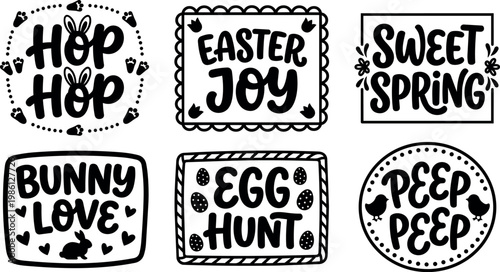 Black and white calligraphic easter joyful phrases with bunny and chick motifs