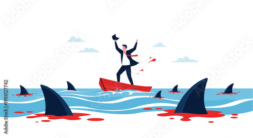 Courageous businessman standing on a small red boat in a sea full of dangerous sharks and blood representing intense market competition.