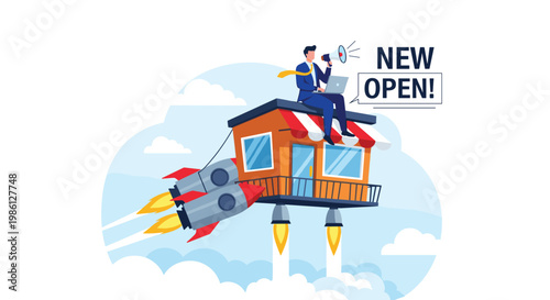 Small retail shop building taking off like a rocket with a businessman sitting on top using a laptop and megaphone to announce the opening.