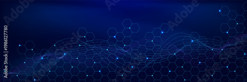 Futuristic hexagon pattern with glowing nodes and wave flow banner background. Modern network connection technology, science and medical. Design for web, presentation, poster template.