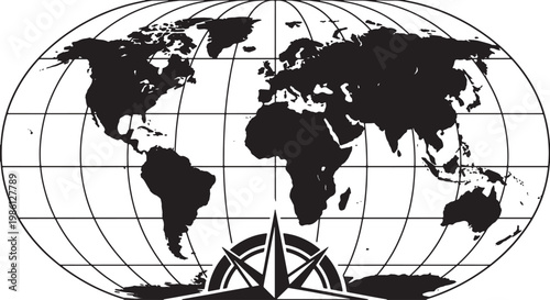 World map globe with compass rose and latitude longitude lines Vector Illustration on transparent background.