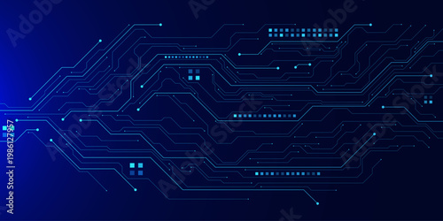 Hi tech computer motherboard with detail circuit board wires connection on dark blue background vector. Futuristic technology with chip, processor and semiconductor. Design for banner, presentation.