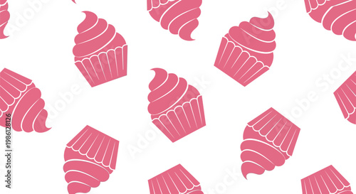 Seamless pattern of pink cupcake icons with swirl frosting and pleated liners for background.
