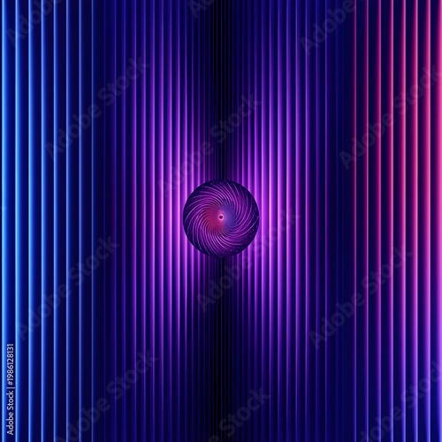 Modern 3D Abstract Geometric Diamond Pattern Background with Glowing Pink Neon Circle,Tubes and Dark Blue Vertical Lines.