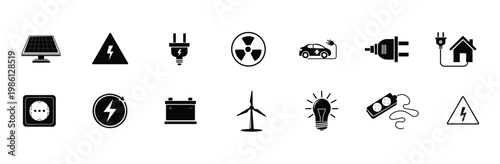 Electricity icon set. Collection of green energy icons. Icons for renewable energy, green technology. Flat style icon. Environmental sustainability simple symbol - stock vector.