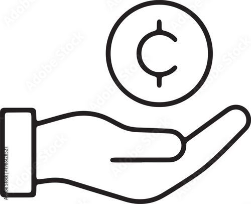 Art & Illustration, Hand holding cent coin currency outline icon for banking.