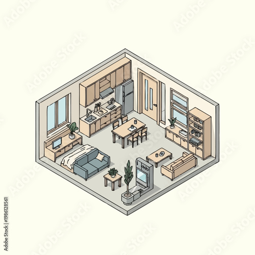 Isometric view of a modern studio apartment interior design layout.