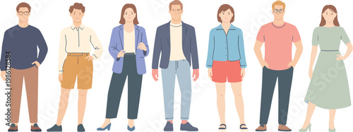 Diverse group of young people standing together, casual and business outfits, multicultural team unity, modern lifestyle characters illustration concept