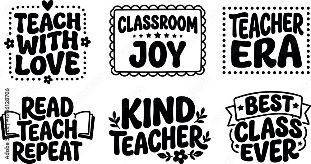 Obraz premium Black and white kind teacher and classroom joy lettering inspirational quotes