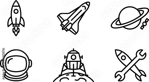 Black and white line art space rocket astronaut planet and tools icons