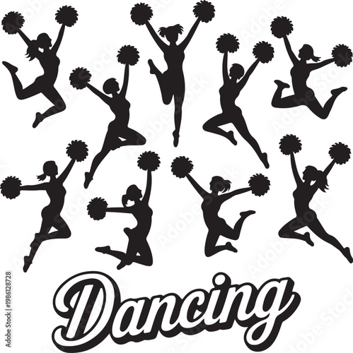 Dynamic cheerleaders performing energetic dance moves with pom-poms