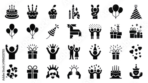 Set of 30 Black Birthday Celebration Party Vector Icons