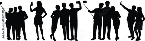 Group of people taking selfies silhouettes isolated on white background, friends using smartphones and selfie sticks social media lifestyle concept