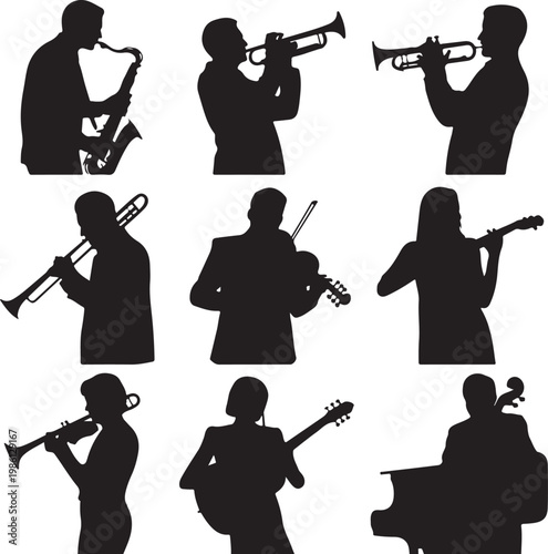 Silhouettes of musicians playing various instruments in a band setup