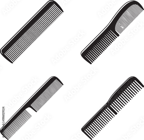 Four different styles of vintage hair combs displayed in black and white