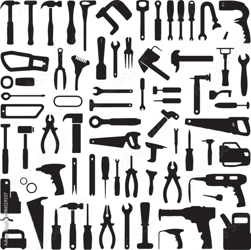 Comprehensive collection of black and white hand tools iconography