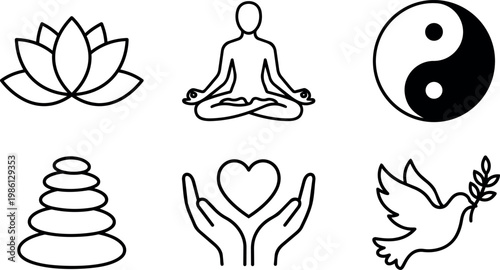 Black and white line art yoga meditation lotus yin yang heart and peace dove icons