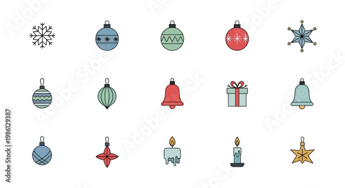 Christmas Ornaments, Bells, Stars, Snowflakes, Gift Box, Candle Icons Set