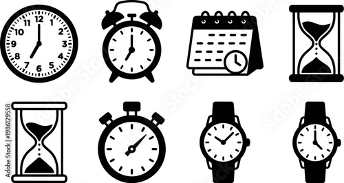 Black and white icons of clocks watches calendars and hourglasses