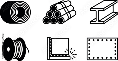 Metal coils bundles beams and welding process icons