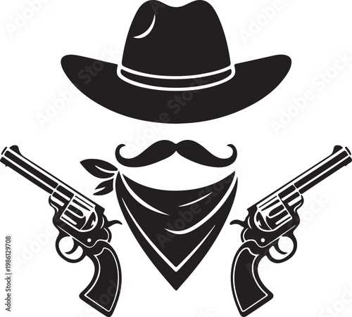 Classic western outlaw holding a pair of revolvers with a bandana and cowboy hat