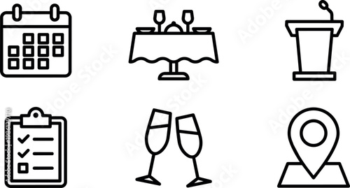 Black line icons for meeting calendar checklist dinner and location