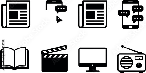 Black and white media icons including newspaper book clapperboard and radio