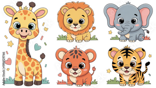 Colorful cartoon animals standing in a playful line formation Vector