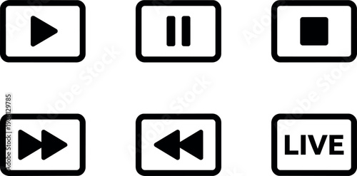 Black and white media control icons including play pause stop fast rewind and live
