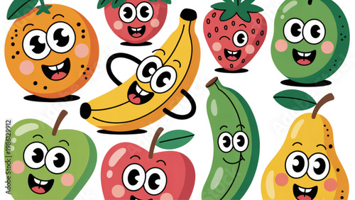 Colorful cartoon faces designed as various fruits and vegetables Vector