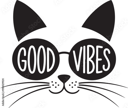 Cute cat face with sunglasses and good vibes message