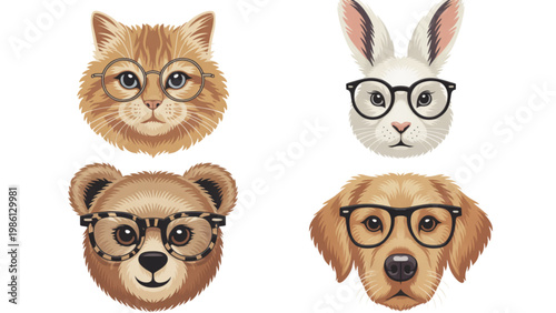 Four stylized animal heads featuring a cat, rabbit, dog, and bear designs Vector