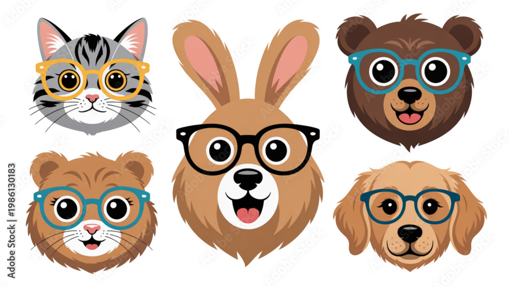 Fototapeta premium Colorful cartoon animal faces with expressive and playful designs Vector