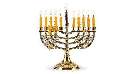 A beautifully crafted menorah with lit candles for the jewish festival of hanukkah isolated on white background