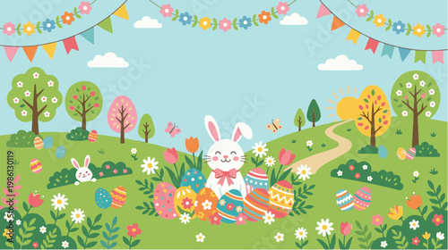 Cute spring garden illustration with a bunny sitting among flowers, Easter eggs, trees, and festive decorations in a colorful nature setting.