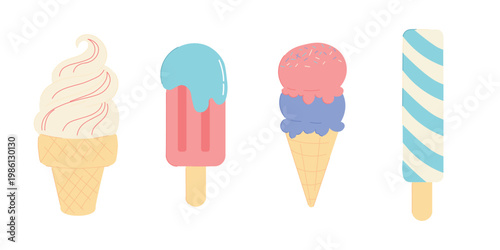 Cute set of different ice cream treats in flat style, including cones and popsicles. Perfect for summer designs, menus, and sweet food concepts.