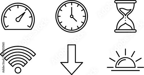 Black and white line art speedometer clock hourglass wifi download and sunrise icons